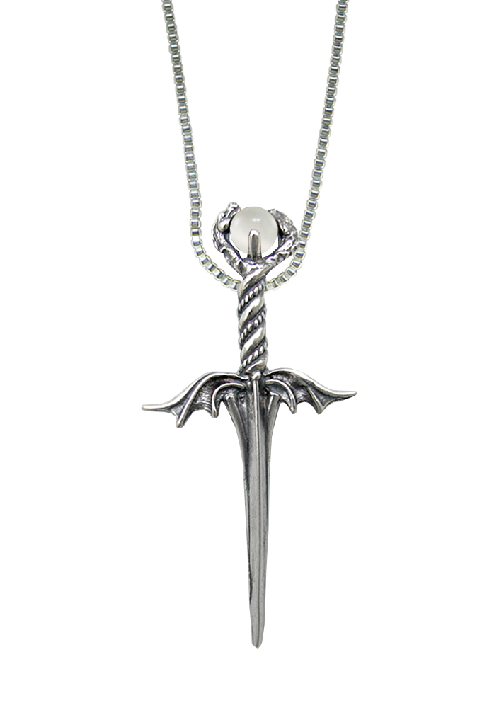 Sterling Silver Dragon's Desire Knife Dagger Pendant With Clear Glass Bead